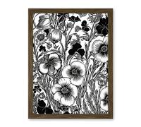 Artery8 Black and White Viola Flower Pattern Illustration Artwork Framed Wall Art Print 18X24 Inch
