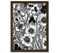 Artery8 Black and White Viola Flower Pattern Illustration Artwork Framed Wall Art Print A4