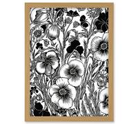 Artery8 Black and White Viola Flower Pattern Illustration Artwork Framed Wall Art Print A4