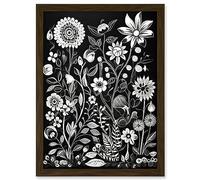 Artery8 Black and White Wild Flower Contour Pattern Artwork Framed A3 Wall Art Print