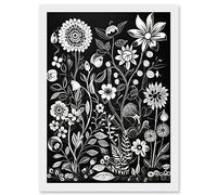 Artery8 Black and White Wild Flower Contour Pattern Artwork Framed A3 Wall Art Print