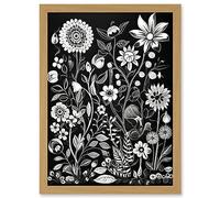 Artery8 Black and White Wild Flower Contour Pattern Artwork Framed A3 Wall Art Print
