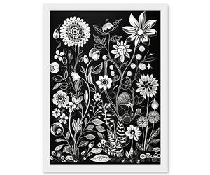 Artery8 Black and White Wild Flower Contour Pattern Artwork Framed A3 Wall Art Print