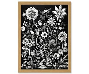 Artery8 Black and White Wild Flower Contour Pattern Artwork Framed A3 Wall Art Print