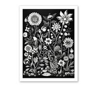 Artery8 Black and White Wild Flower Contour Pattern Artwork Framed Wall Art Print 18X24 Inch