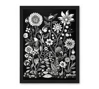 Artery8 Black and White Wild Flower Contour Pattern Artwork Framed Wall Art Print 18X24 Inch