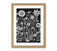 Artery8 Black and White Wild Flower Contour Pattern Artwork Framed Wall Art Print 18X24 Inch
