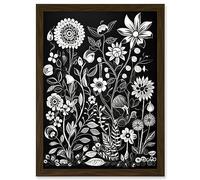 Artery8 Black and White Wild Flower Contour Pattern Artwork Framed Wall Art Print A4