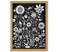 Artery8 Black and White Wild Flower Contour Pattern Artwork Framed Wall Art Print A4