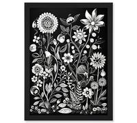Artery8 Black and White Wild Flower Contour Pattern Artwork Framed Wall Art Print A4