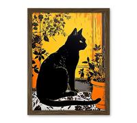 Artery8 Black Cat by Potted Plants Oil Painting Mediterranean Yard Tiles Yellow Door Artwork Framed Wall Art Print 18X24 Inch