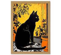 Artery8 Black Cat by Potted Plants Oil Painting Mediterranean Yard Tiles Yellow Door Artwork Framed A3 Wall Art Print