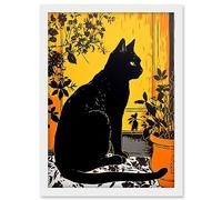 Artery8 Black Cat by Potted Plants Oil Painting Mediterranean Yard Tiles Yellow Door Artwork Framed A3 Wall Art Print