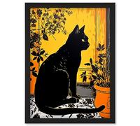 Artery8 Black Cat by Potted Plants Oil Painting Mediterranean Yard Tiles Yellow Door Artwork Framed Wall Art Print A4