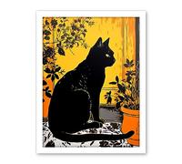 Artery8 Black Cat by Potted Plants Oil Painting Mediterranean Yard Tiles Yellow Door Artwork Framed Wall Art Print 18X24 Inch