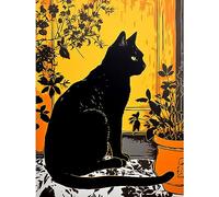 Artery8 Black Cat by Potted Plants Oil Painting Mediterranean Yard Tiles Yellow Door Extra Large XL Wall Art Poster Print