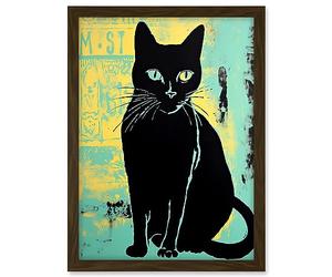 Artery8 Black Cat Colour Linocut Teal Blue Yellow Simple Feline Vintage Ad Style Artwork Framed A3 Wall Art Print
