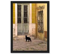 Artery8 Black Cat Contrast Yellow Brick Old Door A4 Artwork Framed Wall Art Print