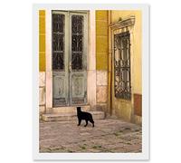 Artery8 Black Cat Contrast Yellow Brick Old Door A4 Artwork Framed Wall Art Print