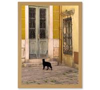 Artery8 Black Cat Contrast Yellow Brick Old Door A4 Artwork Framed Wall Art Print