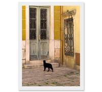 Artery8 Black Cat Contrast Yellow Brick Old Door A4 Artwork Framed Wall Art Print in White Artery8 White