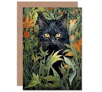 Artery8 Black Cat Hiding in Flower Bed William Morris Style for Wife Her Mum Sister Daughter Mom Gran Nan Mothers Day Birthday Thank You Blank Art Greeting Card