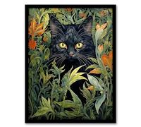 Wall Art Print Black Cat Hiding In Flower Field Modern William Morris Style Painting Orange Green Spring Bloom Animal Portrait Art Framed Artery8 Green W12 inch x H16 inch