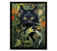 Wall Art Print Black Cat Hiding In Flower Field Modern William Morris Style Painting Orange Green Spring Bloom Animal Portrait Art Framed Artery8 Green W12 inch x H16 inch