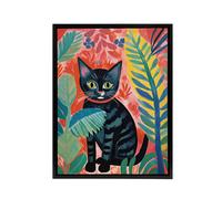 Artery8 Black Cat In A Jungle Folk Art Framed Canvas Wall Art Print | Size: W12" x H16" Artery8 Multicolor W12" x H16"