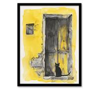 Artery8 Black Cat in Doorway Rustic Yellow Watercolour Living Room Artwork Framed Wall Art Print A4