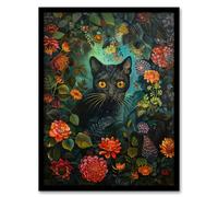 Artery8 Black Cat in Exotic Flower Garden Floral Portrait For Living Room Artwork Framed Wall Art Print 18X24 Inch