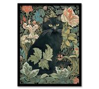 Artery8 Black Cat In Flower Garden Blooms Teal Green Pink Art Nouveau Style Floral Painting Artwork Framed Wall Art Print A4