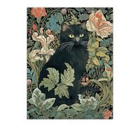 Wall Art Print Black Cat In Flower Garden Blooms Teal Green Pink Art Nouveau Style Floral Painting Poster Artery8 Green W18 inch x H24 inch