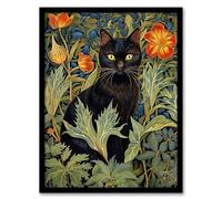 Artery8 Black Cat In Wildflower Field Stylised Painting Teal Green Orange Floral Animal Portrait Artwork Framed Wall Art Print A4