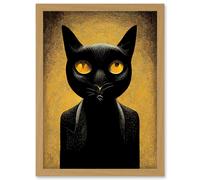 Artery8 Black Cat Le Chat Noir Modern Mustard Artwork Framed Wall Art Print A4 in Light Oak Artery8 Light Oak
