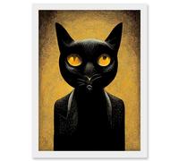 Artery8 Black Cat Le Chat Noir Modern Mustard Artwork Framed Wall Art Print A4 in White Artery8 White
