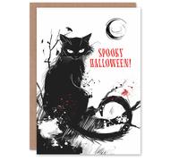 Artery8 Black Cat Lover Crescent Moon Spooky Bright Halloween Card Artery8 Black