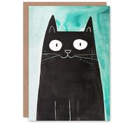 Artery8 Black Cat Lover Cute Watercolour Cartoon Animal Blank For Him Or Her Art Birthday Card
