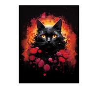 Artery8 Black Cat Lover Gift Pet Portrait Red Roses Orange Flames Artwork Painting Extra Large XL Wall Art Poster Print