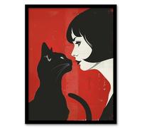 Artery8 Black Cat Lover Lady & Pet Bold Red Retro Style Framed Wall Art | Size: A4 Artery8 Red A4