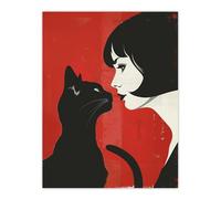 Black Cat Lover Lady And Pet Bold Red Retro Style Wall Art Print Artery8 Red W24 inch x H32 inch