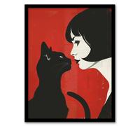 Black Cat Lover Lady And Pet Bold Red Retro Style Framed Wall Art Artery8 Red A4
