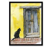 Artery8 Black Cat Lover Village House Door Watercolour Living Room Artwork Framed Wall Art Print A4