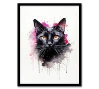 Artery8 Black Cat Lovers Gift Watercolour Pet Portrait Painting Artwork Artwork Framed Wall Art Print A4