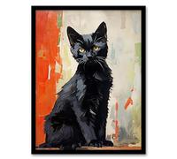 Artery8 Black Cat Oil Painting Orange Beige Green Chat Noir Stray Kitten by Wall Artwork Framed Wall Art Print 18X24 Inch