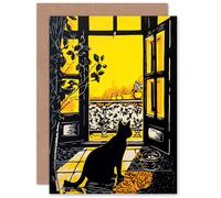 Artery8 Black Cat Sunbathing Balcony for Him or Her Man Woman Birthday Thank You Congratulations Blank Art Greeting Card