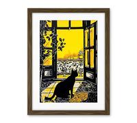 Artery8 Black Cat Sunbathing by Balcony Oil Painting Yellow Black Bright Mediterranean Sun Artwork Framed Wall Art Print 18X24 Inch