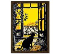 Artery8 Black Cat Sunbathing by Balcony Oil Painting Yellow Black Bright Mediterranean Sun Artwork Framed Wall Art Print A4