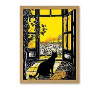 Artery8 Black Cat Sunbathing by Balcony Oil Painting Yellow Black Bright Mediterranean Sun Artwork Framed Wall Art Print 18X24 Inch