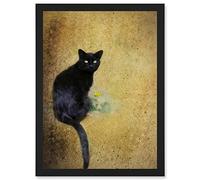 Artery8 Black Cat With Yellow Flower Artwork Framed Wall Art Print A4